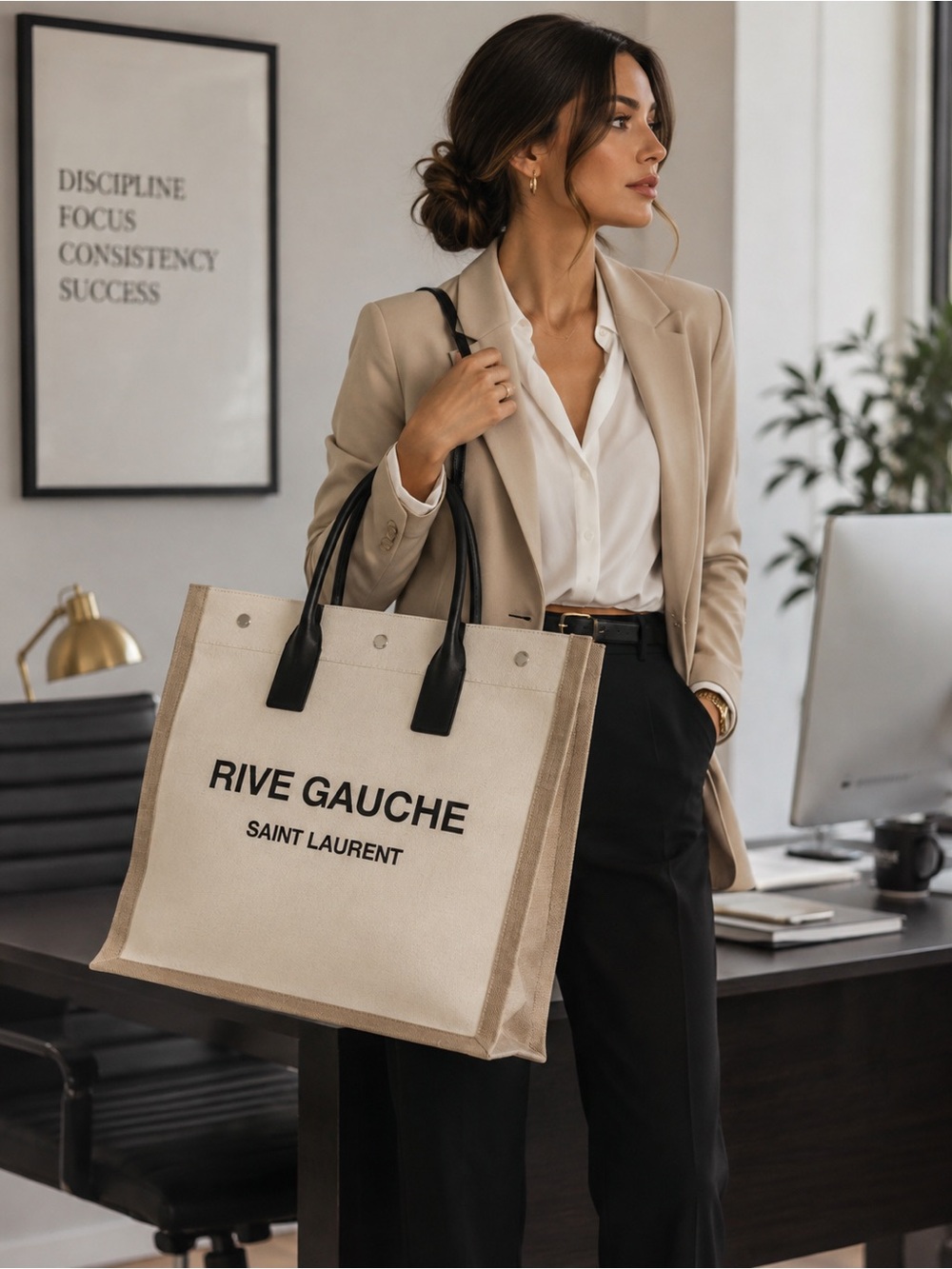 Saint Laurent YSL Rive Gauche N/S Linen Canvas Tote Bag $1,390
